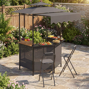 BBQ Gazebo Canopy with 4 Slatted Metal Shelves 6 Hanging Hooks and 2-Row Glass Holders-Black