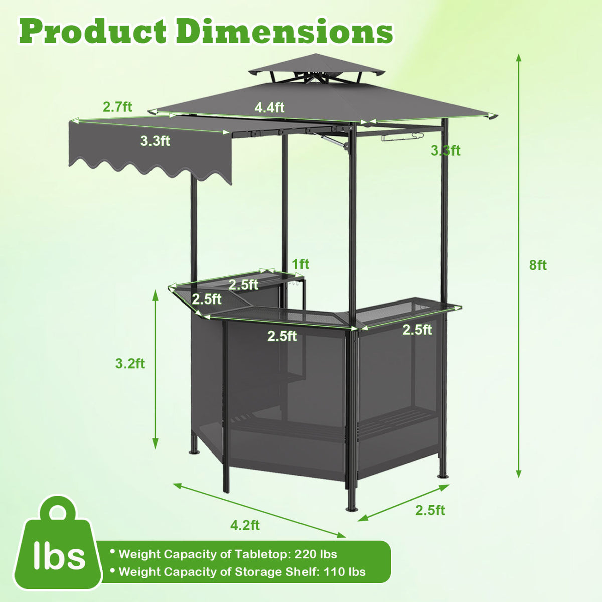 BBQ Gazebo Canopy with 4 Slatted Metal Shelves 6 Hanging Hooks and 2-Row Glass Holders-Black