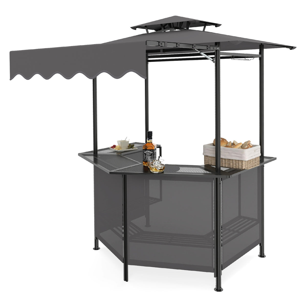 BBQ Gazebo Canopy with 4 Slatted Metal Shelves 6 Hanging Hooks and 2-Row Glass Holders-Black