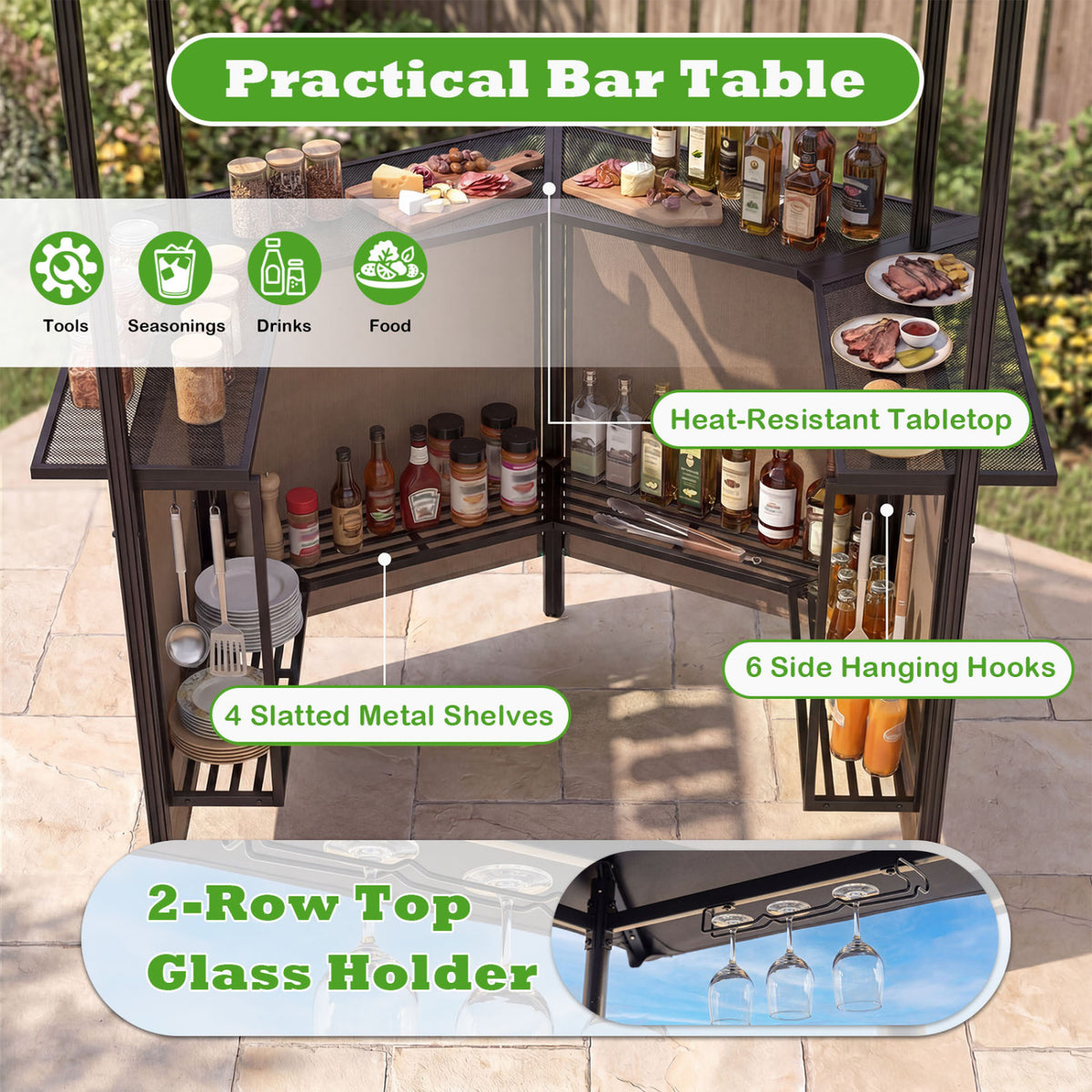 BBQ Gazebo Canopy with 4 Slatted Metal Shelves 6 Hanging Hooks and 2-Row Glass Holders-Brown