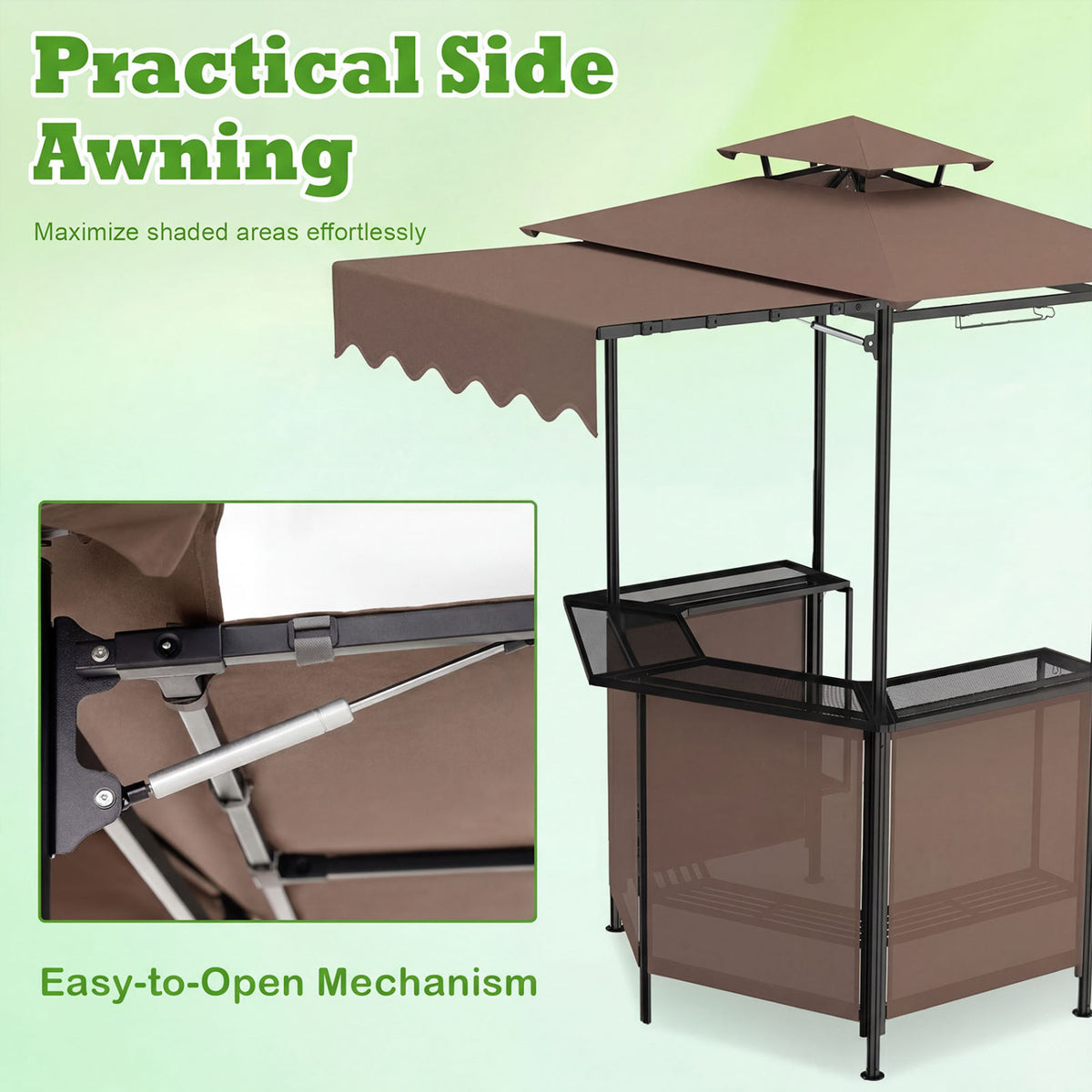 BBQ Gazebo Canopy with 4 Slatted Metal Shelves 6 Hanging Hooks and 2-Row Glass Holders-Brown