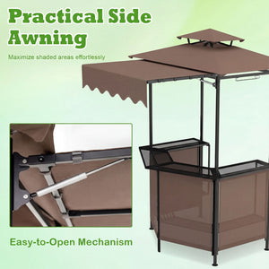 BBQ Gazebo Canopy with 4 Slatted Metal Shelves 6 Hanging Hooks and 2-Row Glass Holders-Brown