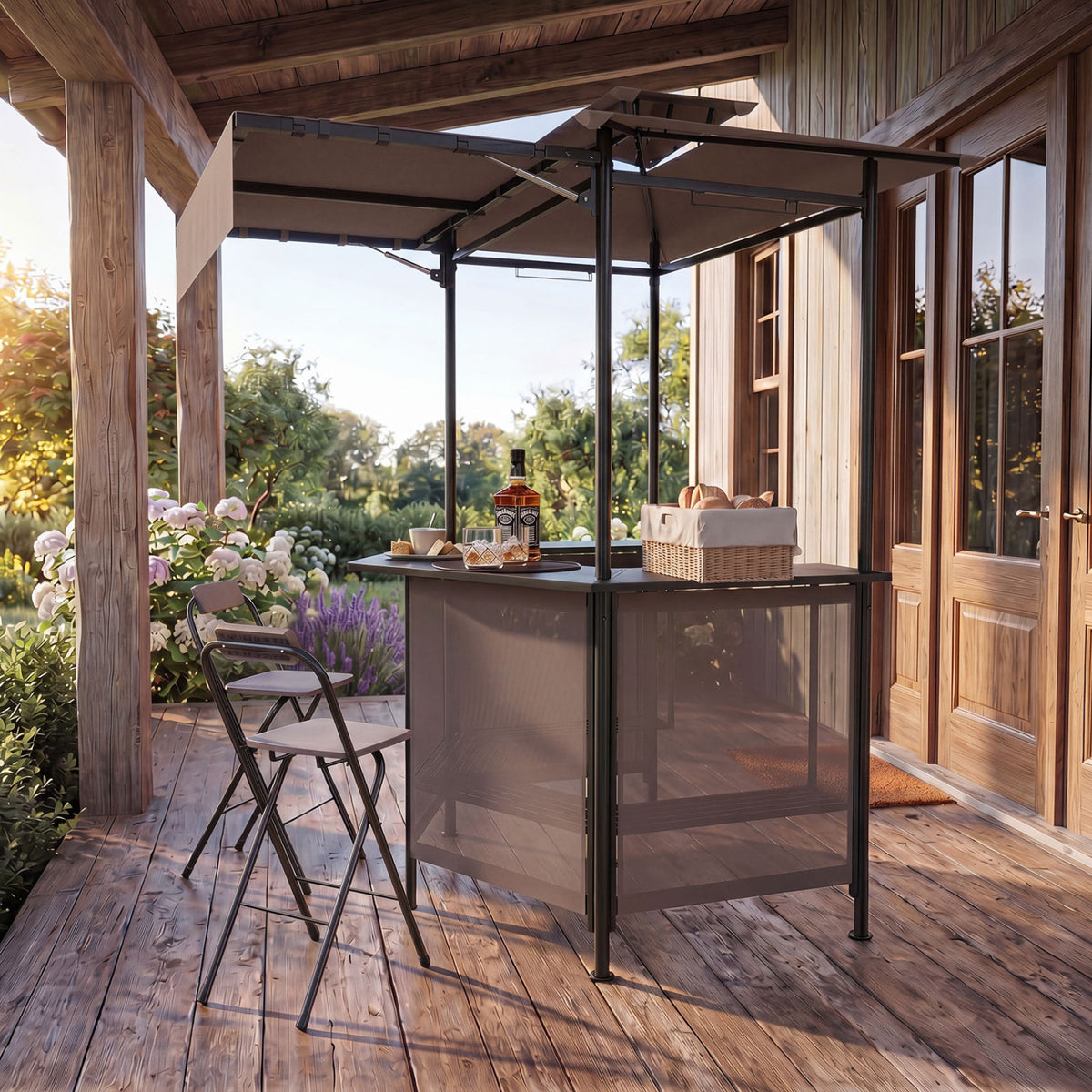 BBQ Gazebo Canopy with 4 Slatted Metal Shelves 6 Hanging Hooks and 2-Row Glass Holders-Brown
