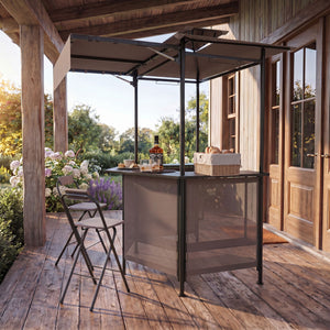BBQ Gazebo Canopy with 4 Slatted Metal Shelves 6 Hanging Hooks and 2-Row Glass Holders-Brown