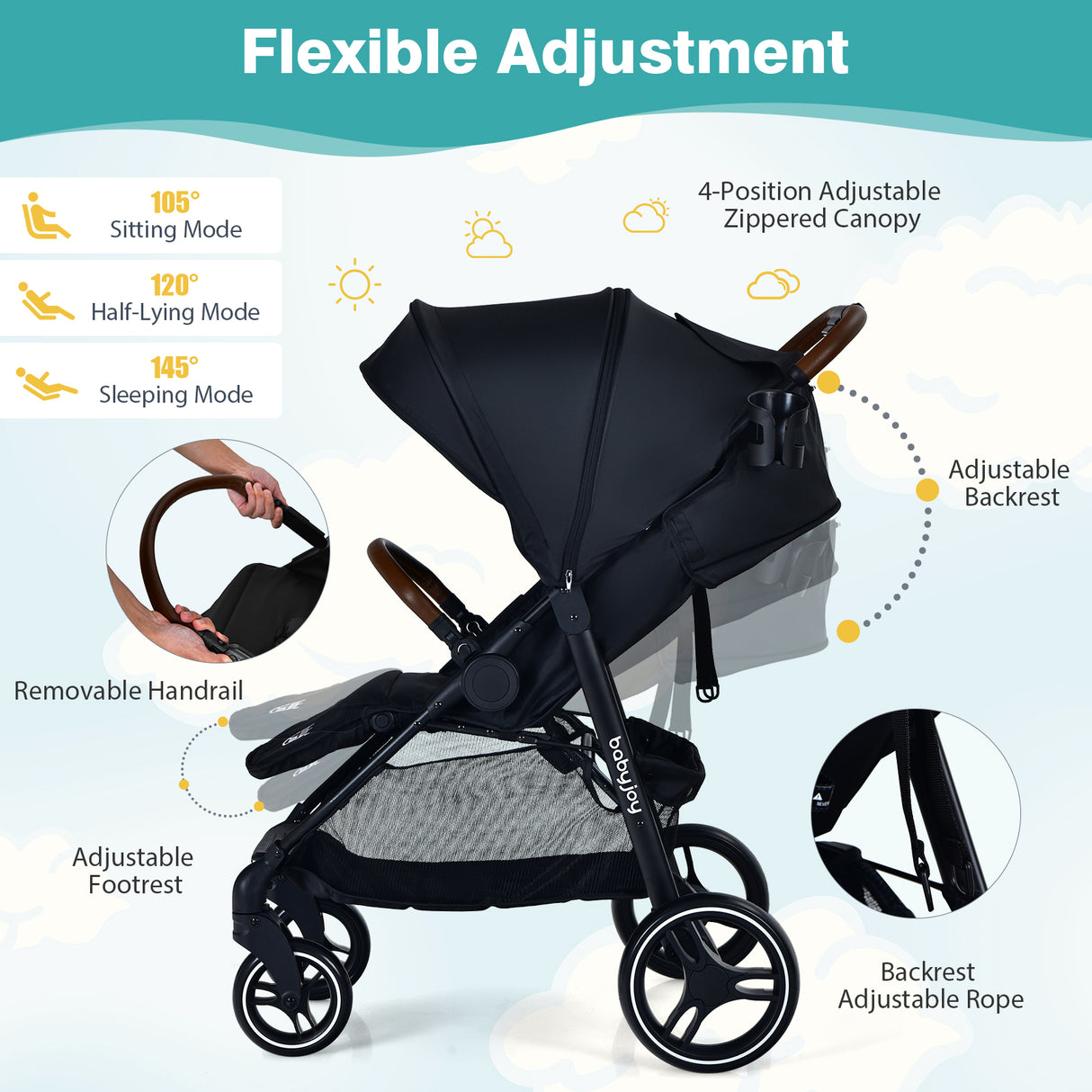 5-Point Harness Lightweight Infant Stroller with Foot Cover and Adjustable Backrest-Black
