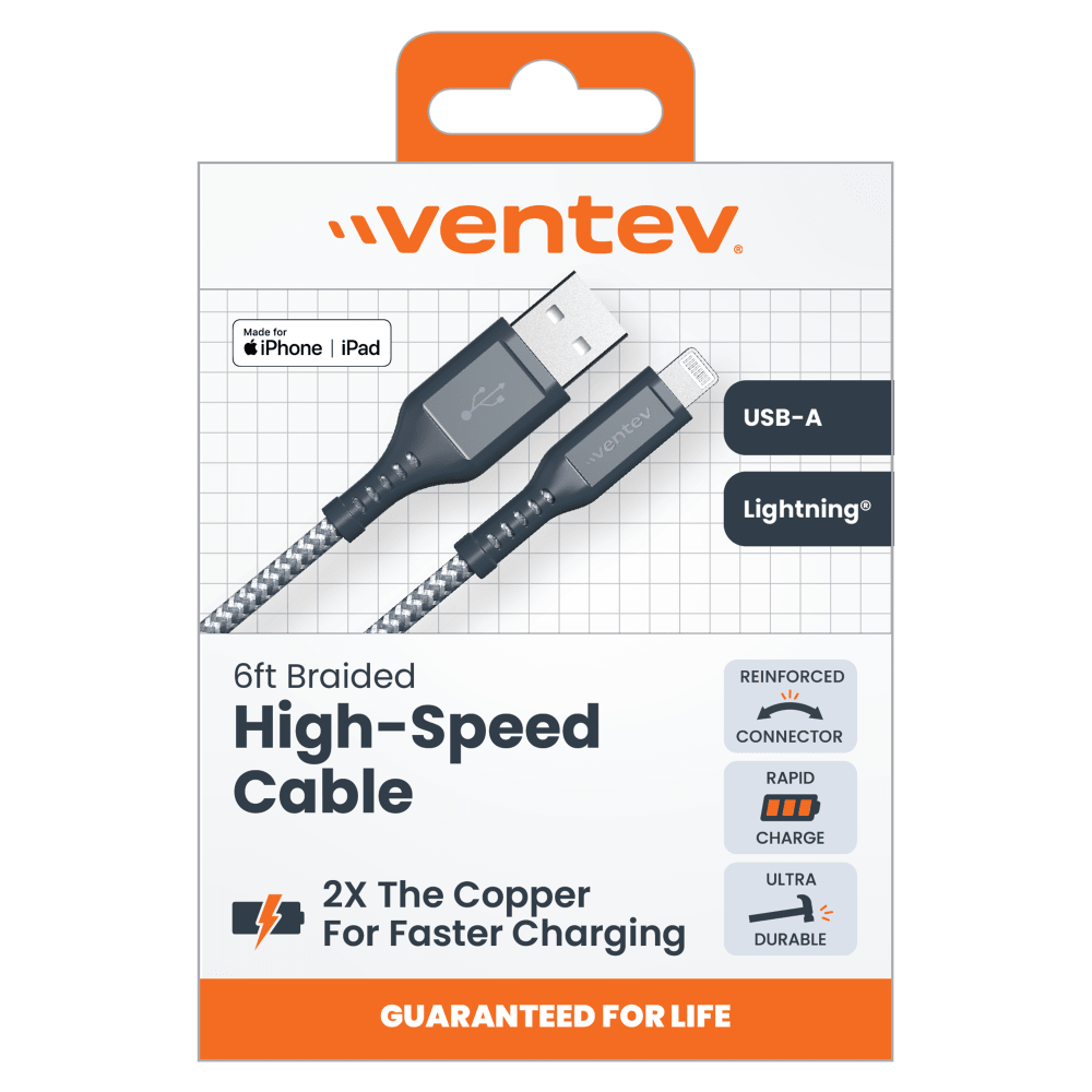 Ventev High Speed USB A to Apple Lightning Braided Cable with 2x the Copper for Faster Charging 6ft by Ventev