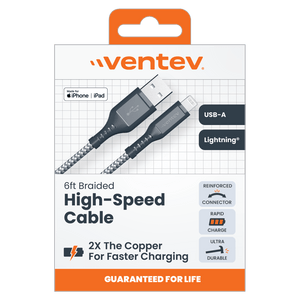 Ventev High Speed USB A to Apple Lightning Braided Cable with 2x the Copper for Faster Charging 6ft by Ventev