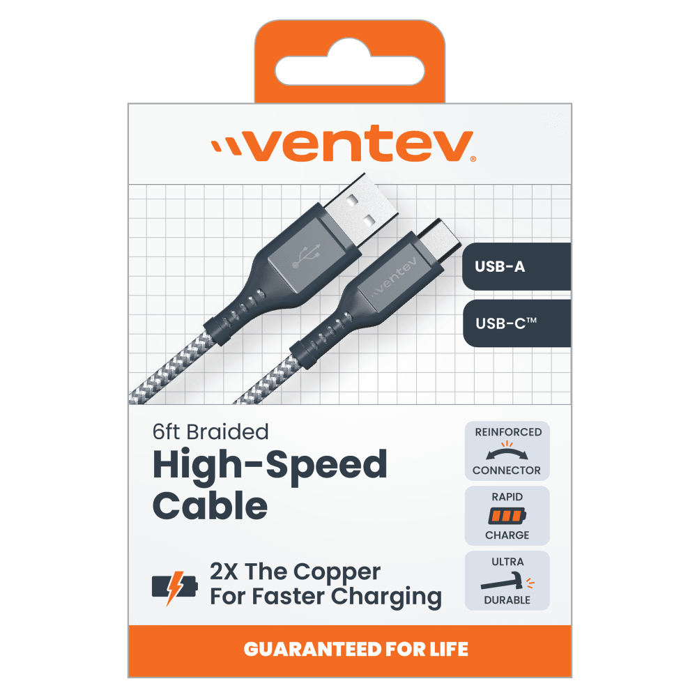 Ventev High Speed USB A to USB C Braided Cable with 2x the Copper for Faster Charging 6ft by Ventev