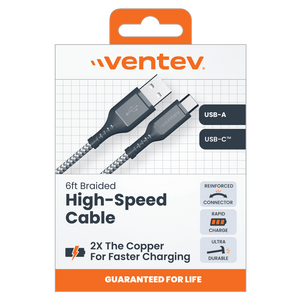 Ventev High Speed USB A to USB C Braided Cable with 2x the Copper for Faster Charging 6ft by Ventev