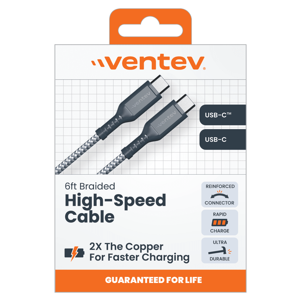 Ventev High Speed USB C to USB C Braided Cable with 2x the Copper for Faster Charging 6ft by Ventev