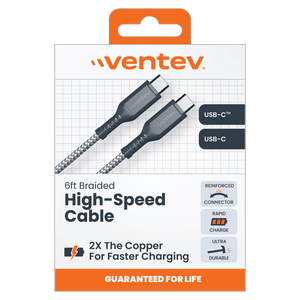 Ventev High Speed USB C to USB C Braided Cable with 2x the Copper for Faster Charging 6ft by Ventev