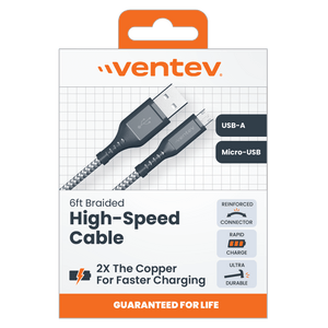 Ventev High Speed USB A to Micro USB Braided Cable with 2x the Copper for Faster Charging 6ft by Ventev