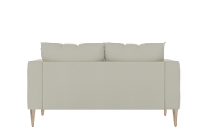 The back view of The Essential Loveseat showcases a minimalist design with two beige back cushions, sleek lines, and wooden legs, set against a plain black background.