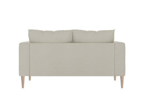 The back view of The Essential Loveseat showcases a minimalist design with two beige back cushions, sleek lines, and wooden legs, set against a plain black background.