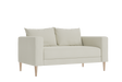 Introducing "The Essential Loveseat," a stylish contemporary beige piece featuring two back cushions and wooden legs, elegantly showcased against a black background.