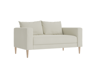 Introducing "The Essential Loveseat," a stylish contemporary beige piece featuring two back cushions and wooden legs, elegantly showcased against a black background.