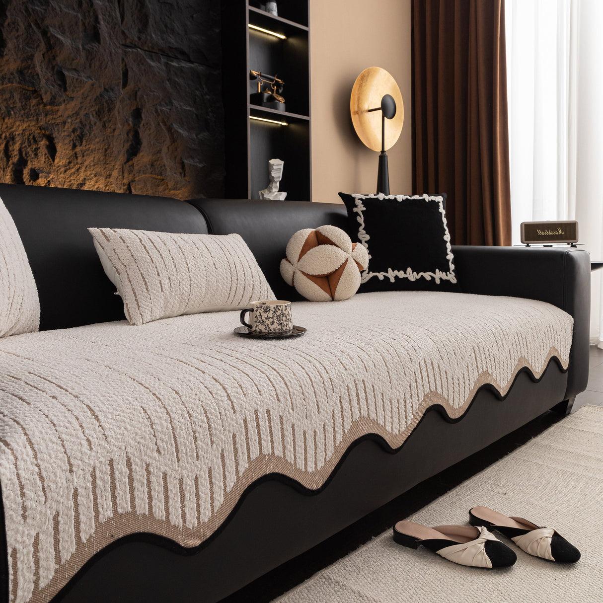 Textured Sofa Seat Cover with Wave Edge – Non-Slip, Washable Couch Throw Protector