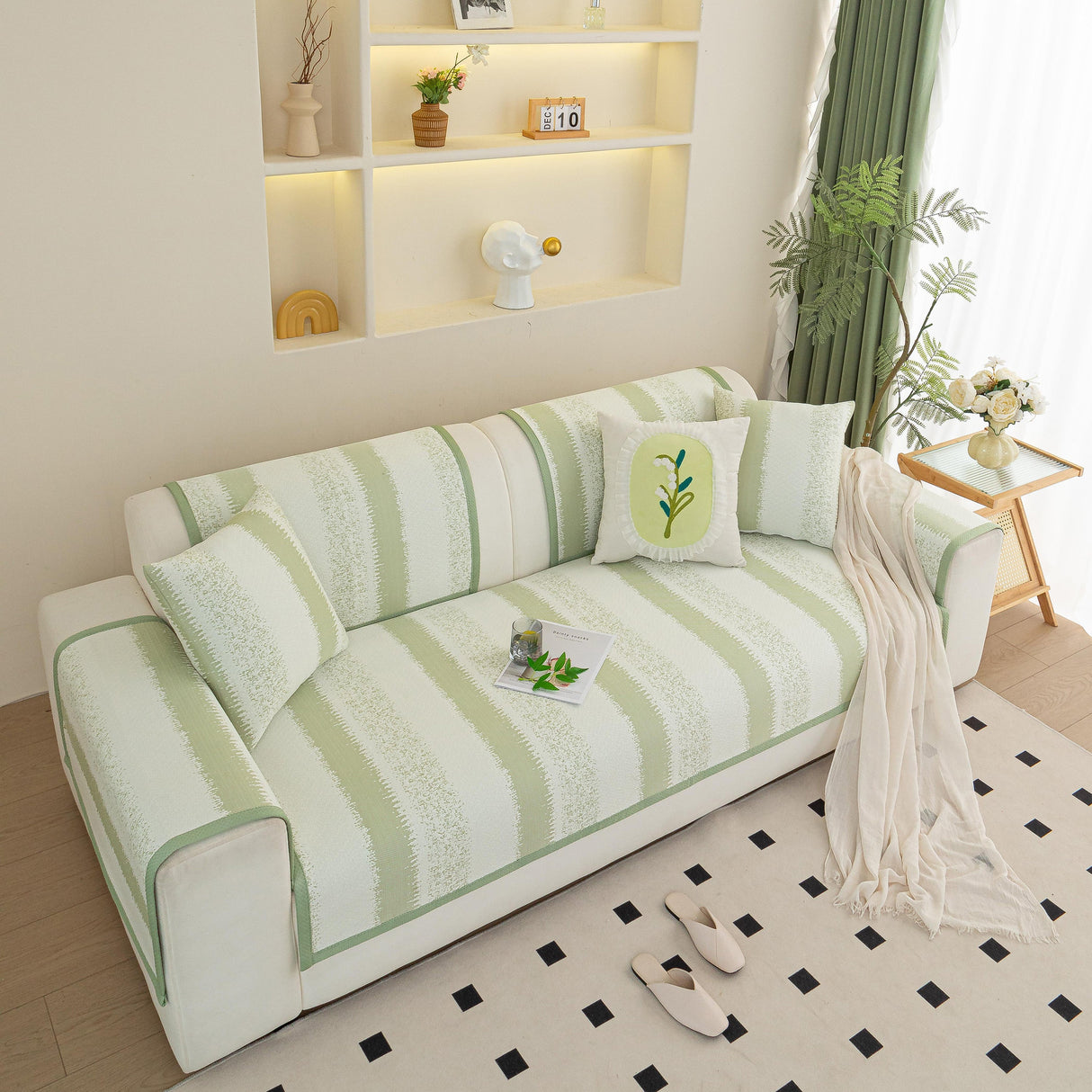 Striped Non-Slip Cooling Couch Cover, Summer Couch Pads for Seat Back Armrest