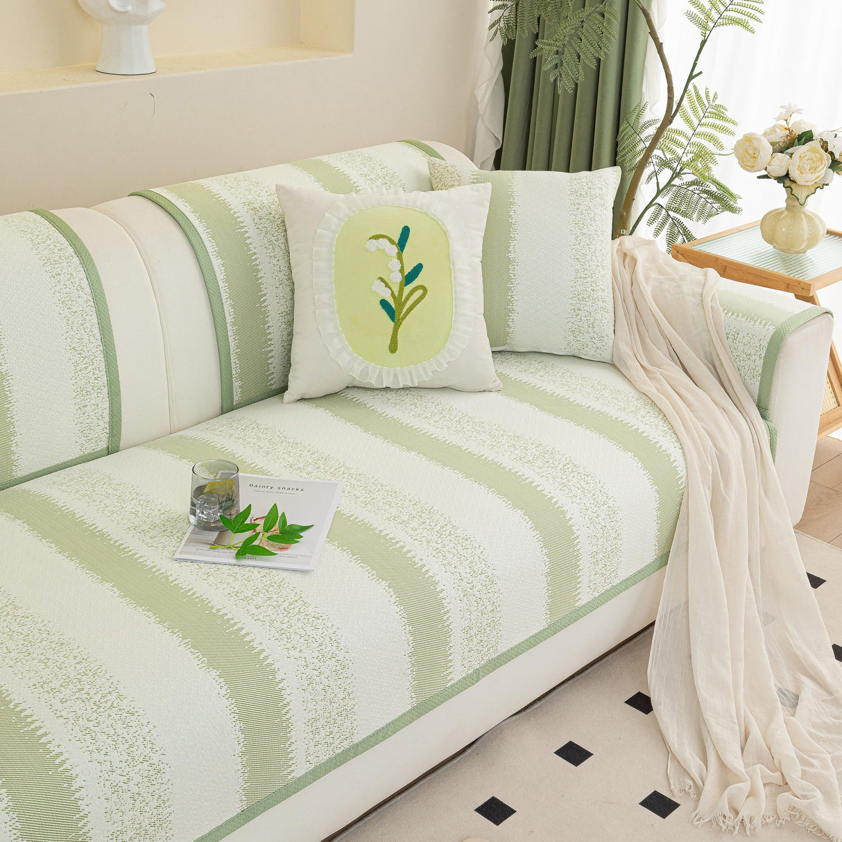 Striped Non-Slip Cooling Couch Cover, Summer Couch Pads for Seat Back Armrest