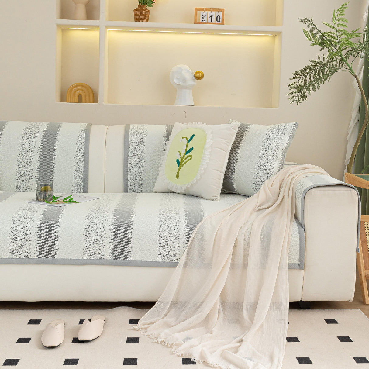 Striped Non-Slip Cooling Couch Cover, Summer Couch Pads for Seat Back Armrest