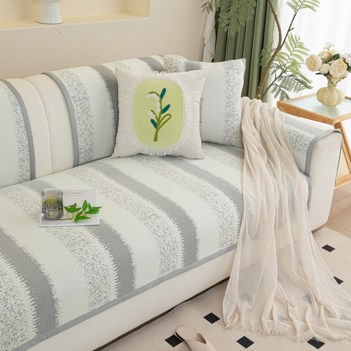 Striped Non-Slip Cooling Couch Cover, Summer Couch Pads for Seat Back Armrest