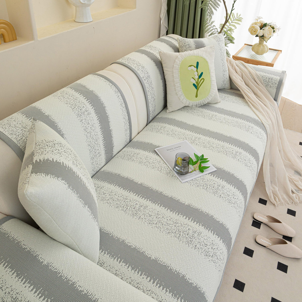 Striped Non-Slip Cooling Couch Cover, Summer Couch Pads for Seat Back Armrest