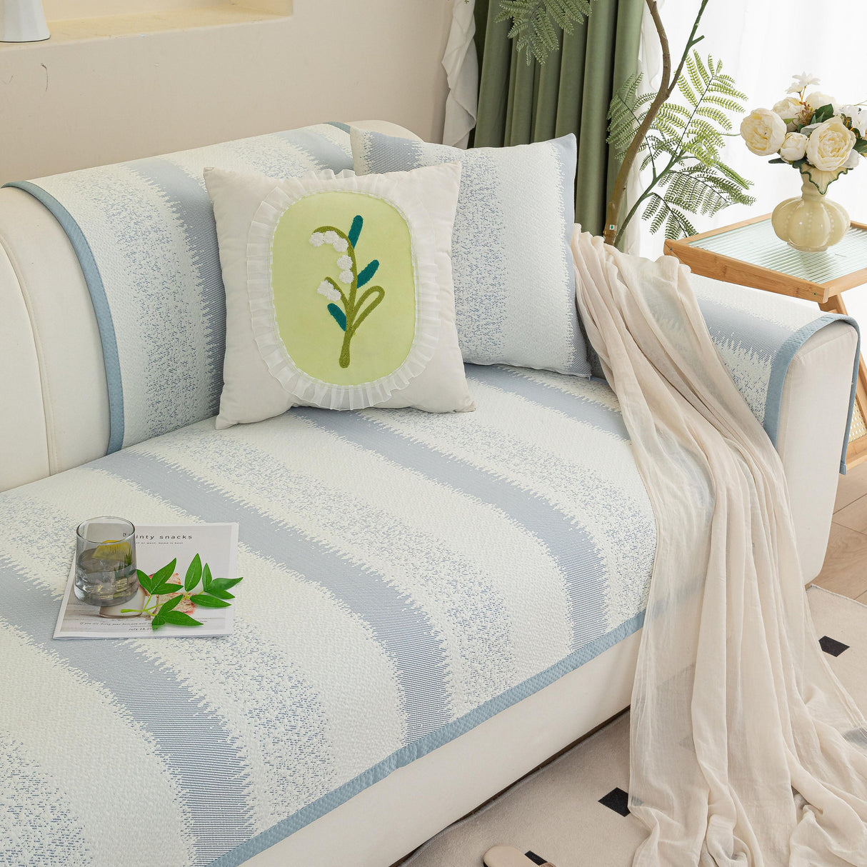 Striped Non-Slip Cooling Couch Cover, Summer Couch Pads for Seat Back Armrest