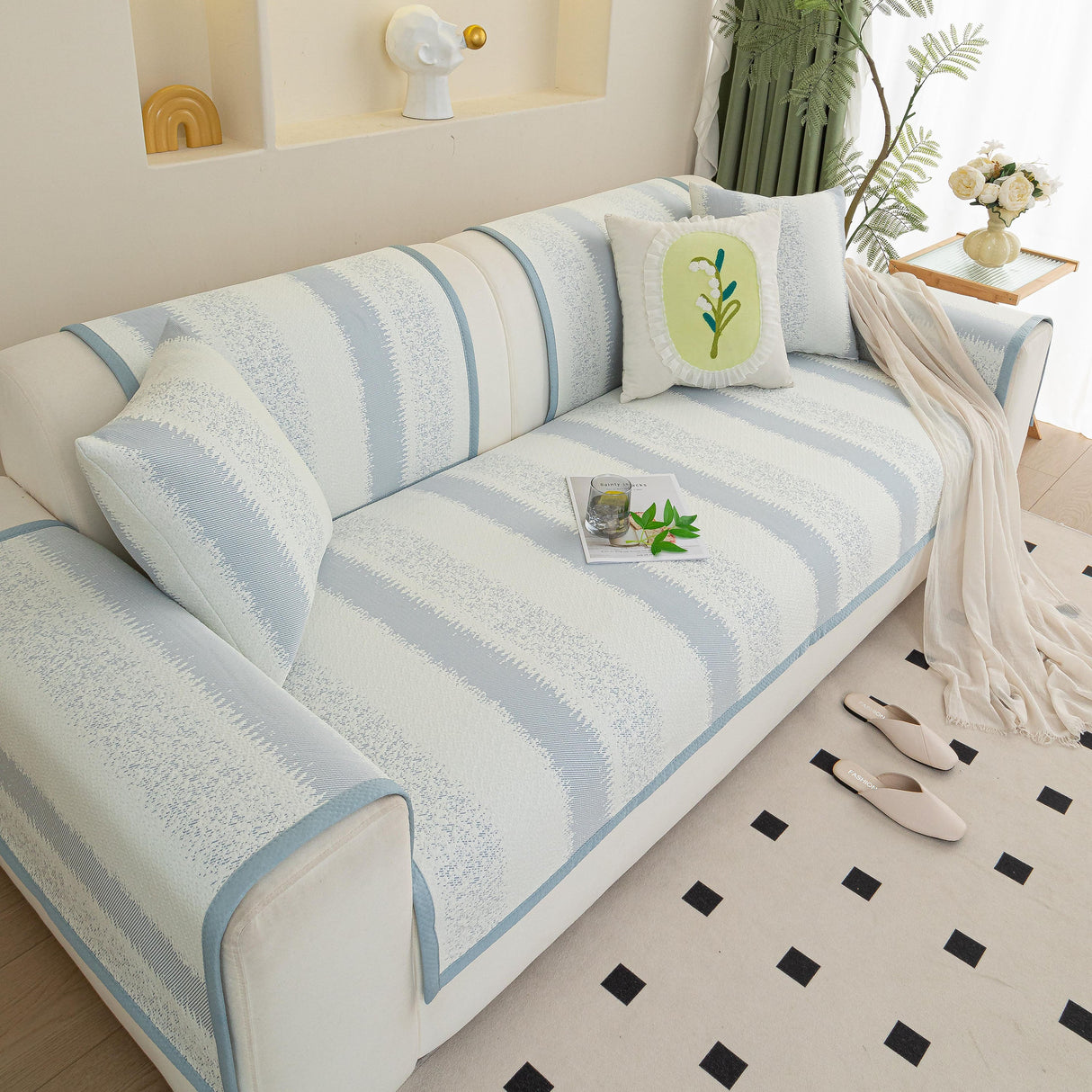 Striped Non-Slip Cooling Couch Cover, Summer Couch Pads for Seat Back Armrest