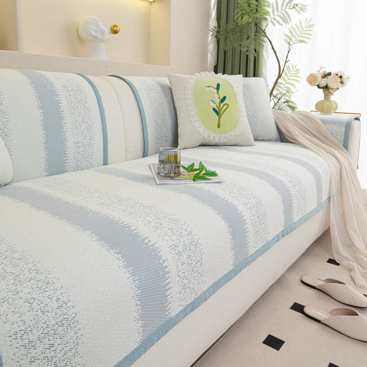 Striped Non-Slip Cooling Couch Cover, Summer Couch Pads for Seat Back Armrest