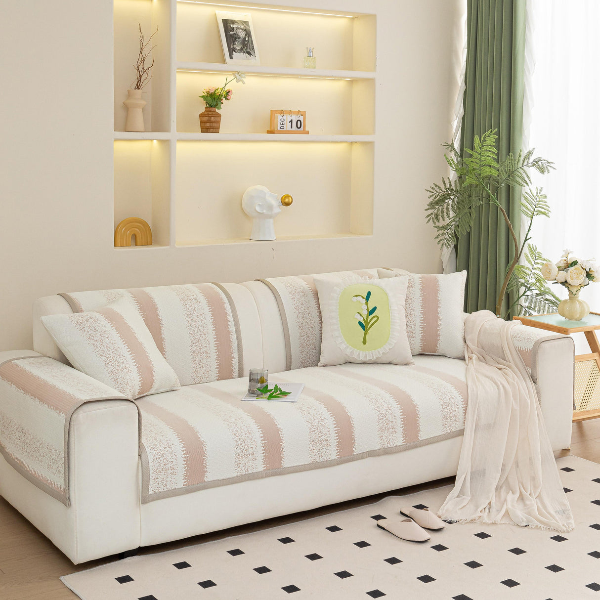 Striped Non-Slip Cooling Couch Cover, Summer Couch Pads for Seat Back Armrest