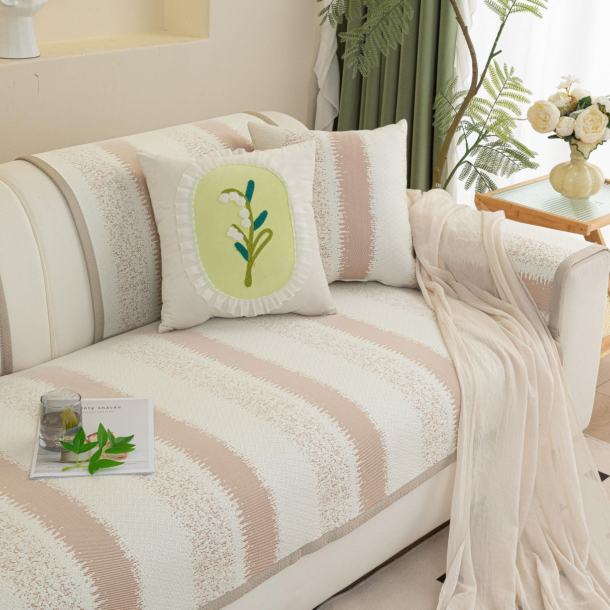 Striped Non-Slip Cooling Couch Cover, Summer Couch Pads for Seat Back Armrest