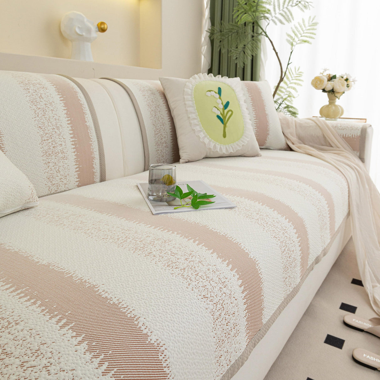 Striped Non-Slip Cooling Couch Cover, Summer Couch Pads for Seat Back Armrest