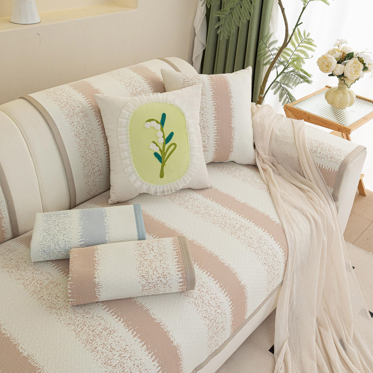 Striped Non-Slip Cooling Couch Cover, Summer Couch Pads for Seat Back Armrest