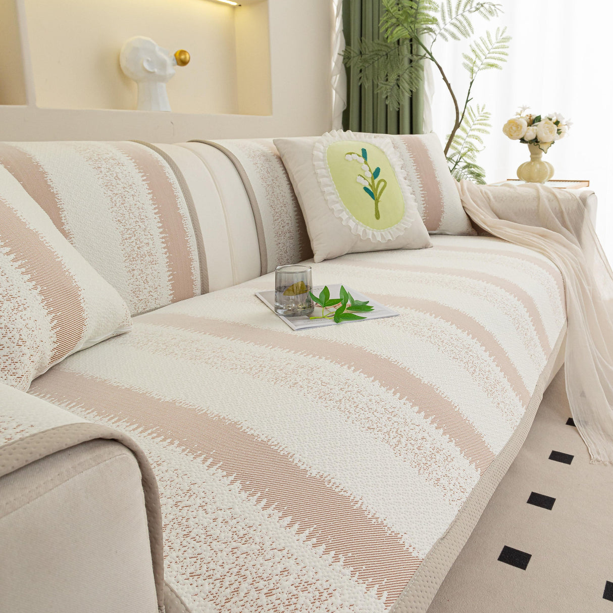 Striped Non-Slip Cooling Couch Cover, Summer Couch Pads for Seat Back Armrest