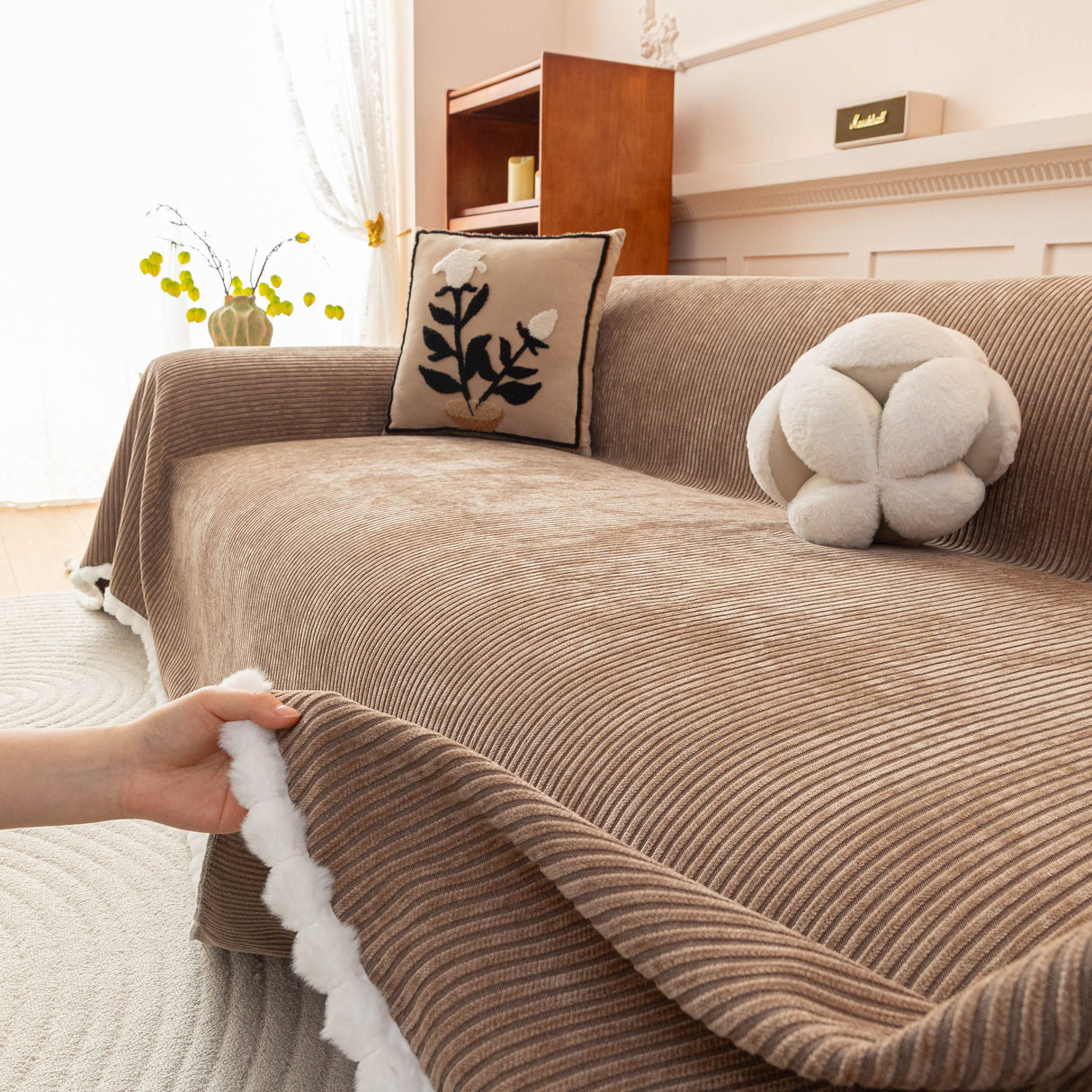 Textured Striped Cozy Couch Cover Throw Blanket with Pom Pom Trim for Sectional Sofa