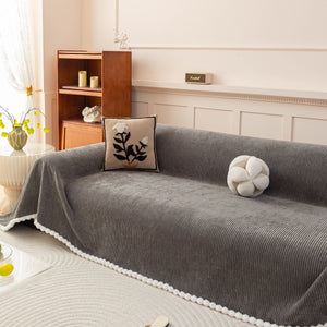 Textured Striped Cozy Couch Cover Throw Blanket with Pom Pom Trim for Sectional Sofa