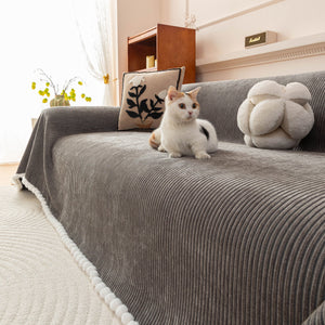 Textured Striped Cozy Couch Cover Throw Blanket with Pom Pom Trim for Sectional Sofa