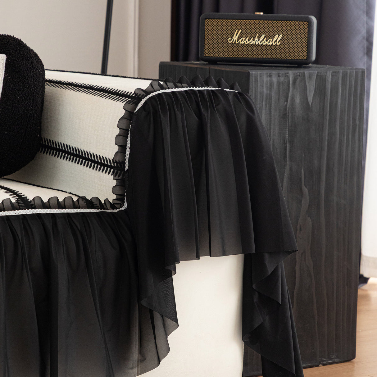 Leaf Stripe Sofa Cover with Black Sheer Skirt, Boho Soft Couch Slipcover for Pets