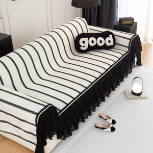 Leaf Stripe Sofa Cover with Black Sheer Skirt, Boho Soft Couch Slipcover for Pets