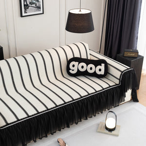 Leaf Stripe Sofa Cover with Black Sheer Skirt, Boho Soft Couch Slipcover for Pets