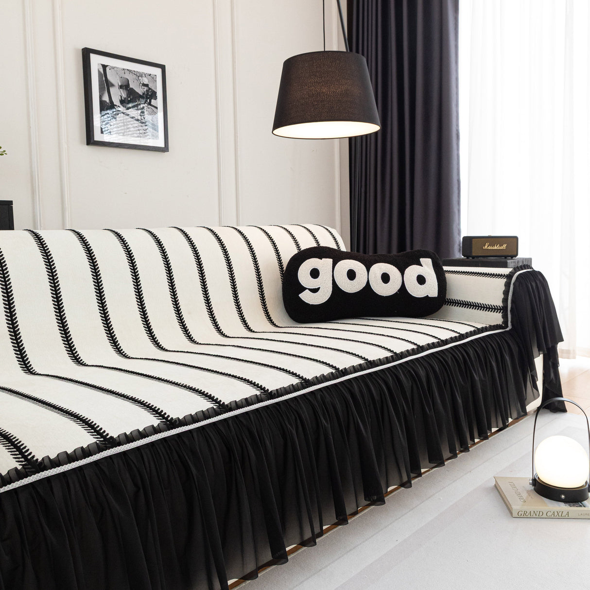 Leaf Stripe Sofa Cover with Black Sheer Skirt, Boho Soft Couch Slipcover for Pets