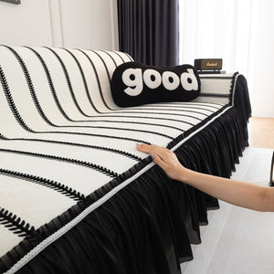 Leaf Stripe Sofa Cover with Black Sheer Skirt, Boho Soft Couch Slipcover for Pets