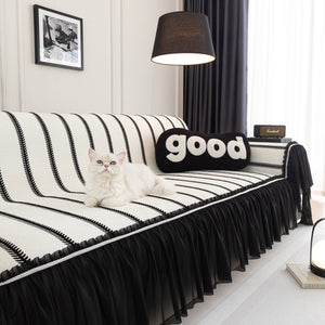 Leaf Stripe Sofa Cover with Black Sheer Skirt, Boho Soft Couch Slipcover for Pets