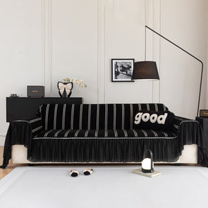 Leaf Stripe Sofa Cover with Black Sheer Skirt, Boho Soft Couch Slipcover for Pets