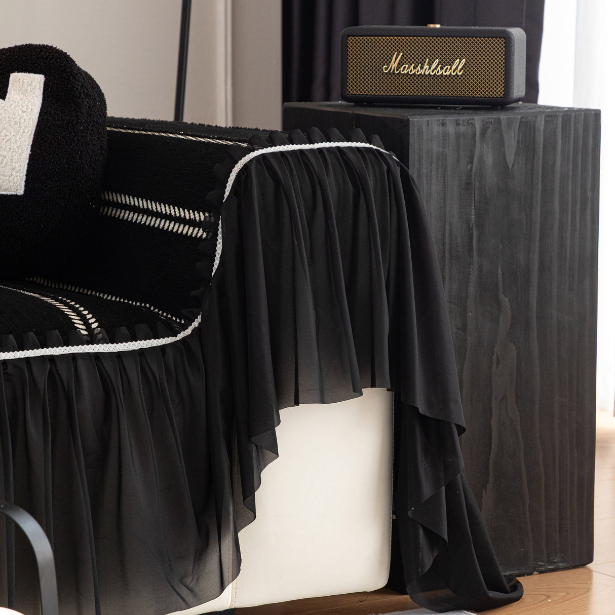 Leaf Stripe Sofa Cover with Black Sheer Skirt, Boho Soft Couch Slipcover for Pets