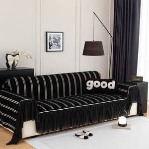 Leaf Stripe Sofa Cover with Black Sheer Skirt, Boho Soft Couch Slipcover for Pets