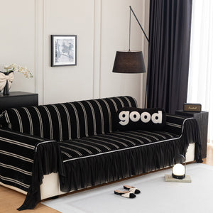 Leaf Stripe Sofa Cover with Black Sheer Skirt, Boho Soft Couch Slipcover for Pets