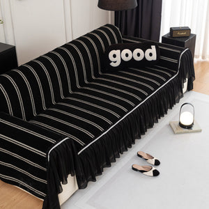 Leaf Stripe Sofa Cover with Black Sheer Skirt, Boho Soft Couch Slipcover for Pets