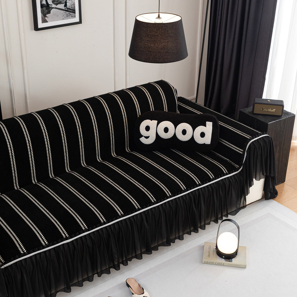 Leaf Stripe Sofa Cover with Black Sheer Skirt, Boho Soft Couch Slipcover for Pets