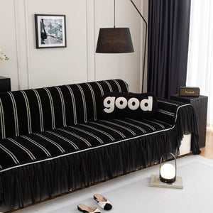 Leaf Stripe Sofa Cover with Black Sheer Skirt, Boho Soft Couch Slipcover for Pets